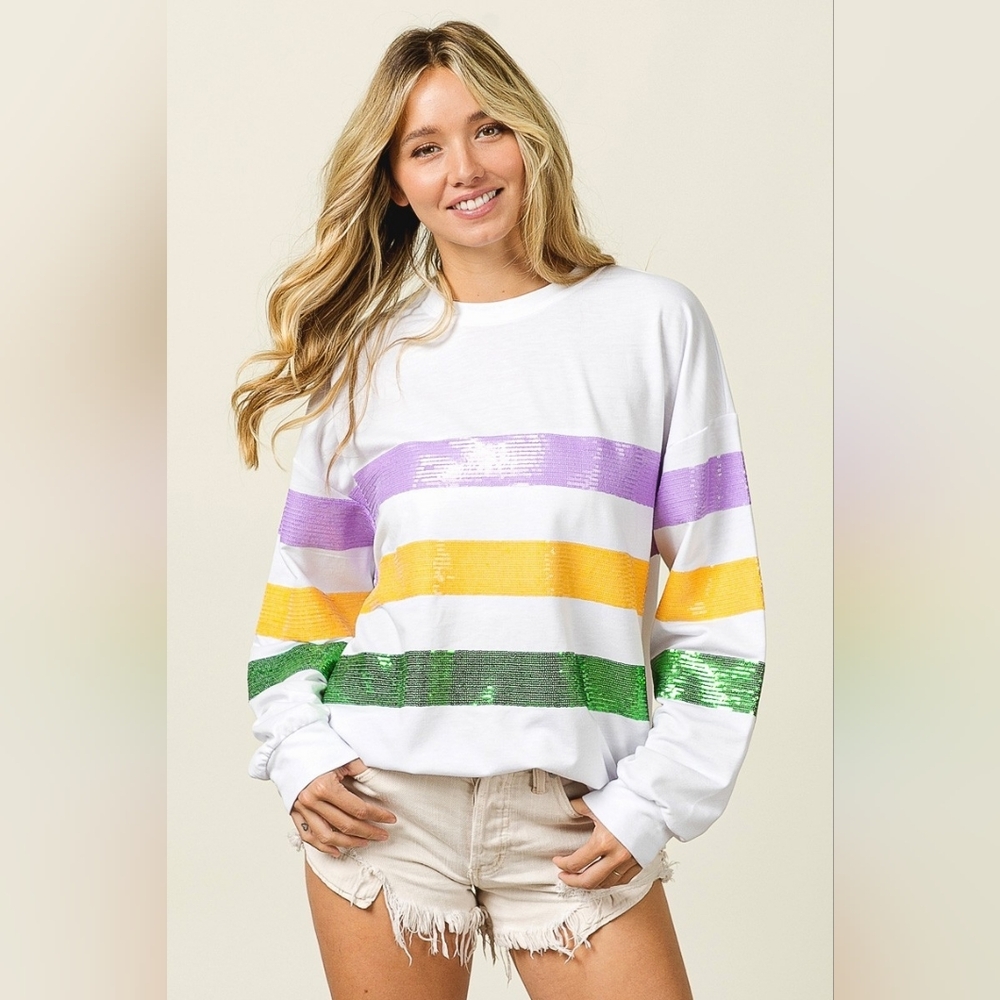 BiBi Sequin Mardi Gras Striped Round Neck Sweatshirt - Picture 1 of 14